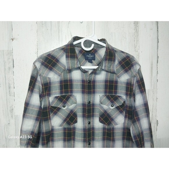 American Eagle Plaid Pearl Snap Shirt Large - Picture 3 of 6